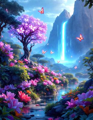 The primary subject of the image is a beautiful garden with a variety of flowers and butterflies. The garden is set against a backdrop of a mountain, creating a serene and picturesque scene. The visual style of the image is digital art, which adds a sense of vibrancy and realism to the flowers and butterflies. The dominant colors in the image are pink, purple, and blue, which contribute to a calming and peaceful atmosphere.